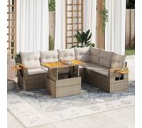 RMIHSJG Set di 7 divani da giardino con cuscino, beige, polyrattan, in acacacia, design modulare con vano portaoggetti e ripiano pieghevole, resistente alle intemperie, in rattan sintetico PE per