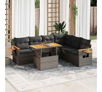 RMIHSJG Set di 7 divani da giardino con cuscino, grigio polyrattan, in acacacia, resistente alle intemperie, con vano portaoggetti e ripiano, set di divani da giardino modulari per terrazza