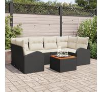 RMIHSJG Set di 7 divani da giardino con cuscino, nero, in polyrattan di acacia, per 6 persone, resistente ai raggi UV, impermeabile, con rivestimenti rimovibili, per terrazze, balconi, mobili da