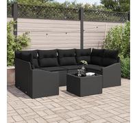 RMIHSJG Set di 7 divani da giardino in polyrattan nero con cuscino, 2 sedili angolari, 2 divani centrali, divani a braccio e tavolo, resistente alle intemperie, per esterni, in rattan sintetico
