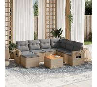 RMIHSJG Set di 8 divani da giardino con cuscino, beige, polyrattan, modulare con ripiano e tavolo in legno di acacia, resistente alle intemperie, in rattan sintetico, per terrazza