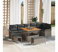 RMIHSJG Set di 9 divani da giardino con cuscini grigi in polyrattan e acacacia, moderni mobili da esterno per terrazza e balcone, spazioso salotto con divano e due pouf