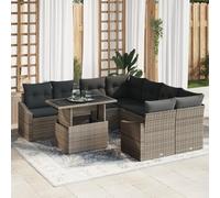 RMIHSJG Set di 9 divani da giardino con cuscino grigio polyrattan, 4 posti con comoda imbottitura e ripiano in vetro per terrazze, mobili da giardino e zona lounge