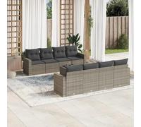 RMIHSJG Set di 9 divani da giardino con cuscino grigio polyrattan, design modulare con rivestimenti rimovibili e piano in vetro per terrazza, 4 cuscini e 2 sgabelli