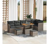 RMIHSJG Set di 9 divani da giardino con cuscino, grigio polyrattan, in acacacia, per esterni, per terrazze, balconi, piscine