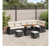 RMIHSJG Set di 9 divani da giardino con cuscino nero in polyrattan di acacia per terrazze balconi, 6 posti a sedere, morbida imbottitura color crema, resistente alle intemperie, ai raggi UV, spazio