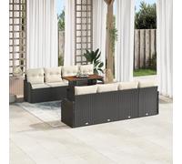 RMIHSJG Set di 9 divani da giardino con cuscino, nero, in polyrattan, in acacacia, per 6 persone, lavabile, modulare, resistente alle intemperie, spaziosa seduta, mobili per esterni,