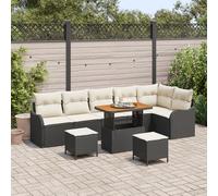 RMIHSJG Set di 9 divani da giardino con cuscino, nero, in polyrattan, in acacacia, per 6 persone, resistente alle intemperie, con imbottitura color crema, per terrazze, balcone