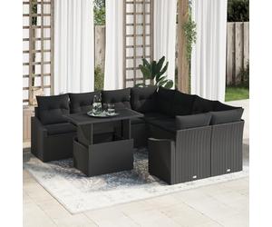RMIHSJG Set di 9 divani da giardino con cuscino, nero, in polyrattan, set completo con divani ad angolo e braccio, per esterni, resistente alle intemperie, set di mobili in rattan con tavolo e