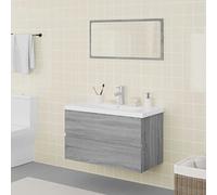 RMIHSJG Set di mobili da bagno grigio Sonoma in legno con mobiletto lavabo e specchio da trucco per montaggio a parete, funzione traboccante e molto spazio, con rubinetto e scarico,
