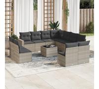 RMIHSJG Set divano da giardino 12 pezzi grigio chiaro polyrattan con cuscino e vano portaoggetti, design modulare per terrazza giardino cortile, durevole rattan PE piano in vetro, piano in vetro