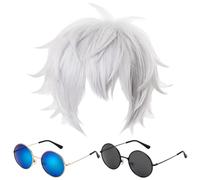 RmKbe 3 accessori per costume cosplay, parrucca ondulata corta bianca argentata, 2 paia di occhiali (montatura dorata, lenti blu ghiaccio, montatura nera, lenti grigie), per cosplay anime