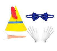 RmKbe 4 pezzi Pinocchio cappello giallo naso lungo guanti bianchi papillon blu marionetta in legno costume libro di fiabe personaggio cosplay outfit fiaba set di accessori per feste di Halloween