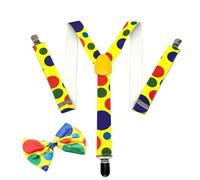 RmKbe Set di 2 pezzi per costume da clown a pois, pantaloni da clown con bretelle arcobaleno papillon regolabili bretelle per feste accessori per Halloween Cosplay, Multicolore, Taglia unica