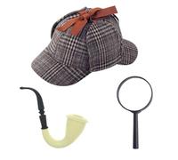 RmKbe Set di 3 accessori per travestimento da Sherlock Holmes, cappello da cacciatore di cervi, tubo e lente d'ingrandimento, accessori per feste di Halloween, carnevale, per adulti