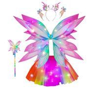 RNPKZ Costume da fata brillante da ragazza, 5 pezzi, ali di farfalla per bambini, con ali di fata, con bacchetta magica, tutù, gonna in tulle, orecchie da elfo, adatto per carnevale e cosplay
