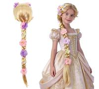 RNPKZ Parrucca da principessa a treccia, parrucca per bambini, bionda, Rapunzel in costume per bambini con fiore, parrucca Rapunzel, per feste di compleanno per ragazze, feste di Halloween, giochi di