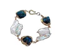 RNUMLIGH Apatite blu naturale, perla Keshi bianca coltivata naturale grezza, color oro, bracciale avvolgente riempito in stile classico da donna