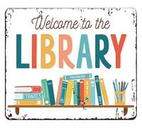 RNUMLIGH Classroom Metal Sign Welcome To The Library Reading Corner Decor For Home School Book Nook Wall Hanging Bibliophile Gift 8 X 12 inch