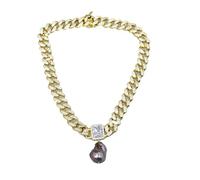 RNUMLIGH Collana girocollo a catena cubana con ciondolo vintage con zirconi trasparenti placcato oro giallo. Regali for signora con ciondolo di perle Keshi nere