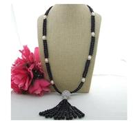 RNUMLIGH Collana lunga con nappa lunga a 2 fili di perle bianche coltivate nere 33"