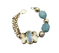 RNUMLIGH Cultured White Pearl Aquamarine Pearl Chain Bracelet