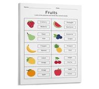 RNUMLIGH Fruit Vocabulary Poster with Matching Game Interactive Educational Canvas Wall-Art for Early English Learning Decor(Unframed,08x12inch(20x30cm))