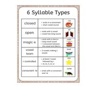 RNUMLIGH Metal Tin Sign For Reading Classroom Six Syllable Types Chart Multisyllabic Word Decoding Guide With Examples Phonics Teaching Resource 8 X 12 in