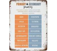 RNUMLIGH Retro Tin Sign Primary And Secondary Sources Vintage Metal Plaque History Classroom Wall Decor Educational Home Gift 8 X 12 in