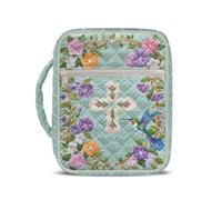 Rnyleeg Custodia trapuntata per bibbia da donna, croce e fiore, colibrì, con segnalibri e tasche, kit per diari verdi per penne, quaderni, diario forro para biblia de mujer