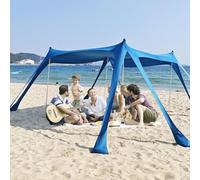 Road Ahead Tenda da spiaggia, parasole da campeggio UPF50+, con 8 sacchi di sabbia, pala per sabbia, picchetti da terra, 4 pali in alluminio ispessito, baldacchino da spiaggia per campeggio, pesca
