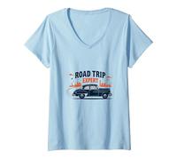 Road Trip Expert, Auto d'Epoca, Viaggi avventurosi Maglietta con Collo a V, Donna, Celeste, XL