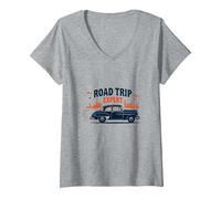 Road Trip Expert, Auto d'Epoca, Viaggi avventurosi Maglietta con Collo a V, Donna, Grigio Melange, XXL