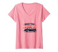 Road Trip Expert, Auto d'Epoca, Viaggi avventurosi Maglietta con Collo a V, Donna, Rosa, XL