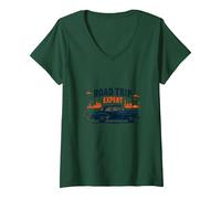 Road Trip Expert, Auto d'Epoca, Viaggi avventurosi Maglietta con Collo a V, Donna, Verde Foresta, L