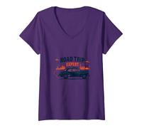 Road Trip Expert, Auto d'Epoca, Viaggi avventurosi Maglietta con Collo a V, Donna, Viola, XL