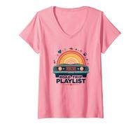 Road Trip Playlist Retro Car Tramonto Avventura Maglietta con Collo a V, Donna, Rosa, XL