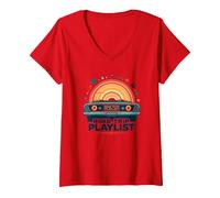 Road Trip Playlist Retro Car Tramonto Avventura Maglietta con Collo a V, Donna, Rosso, L