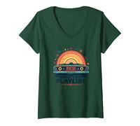 Road Trip Playlist Retro Car Tramonto Avventura Maglietta con Collo a V, Donna, Verde Foresta, S