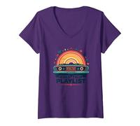 Road Trip Playlist Retro Car Tramonto Avventura Maglietta con Collo a V, Donna, Viola, S