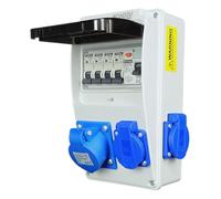 RoadEu - Distributore di corrente 230 V. Presa monofase CEE 16 A 3P e 3 prese Schuko con fusibile automatico 16 A. Distributore di presa 16 A con interruttore FI. Prese integrate con scatola dei