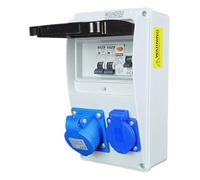 RoadEu - Distributore di corrente 230 V. Presa monofase CEE 16 A 3P e presa Schuko con fusibile automatico 16 A. Distributore di presa 16 A con interruttore FI. Prese integrate con scatola dei