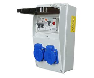RoadEu - Distributore di corrente con indicatore LED. 2x presa Schuko, interruttore differenziale 40A tipo A/AC, 2x C16A. IP44, perfetto per il garage, il capanno o il giardino