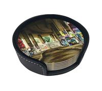 Roadside - Set di 6 sottobicchieri rotondi in morbida pelle con graffiti, adatti per tipi di tazze e tazze, sottobicchieri, protezione da tavolo per casa, ufficio, bar
