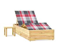 Roanoer Lettino da giardino in legno con tavolo e cuscino, set da 3 pezzi | Lettino in legno regolabile per terrazza e giardino, con tavolino e cuscino imbottito a fantasia.