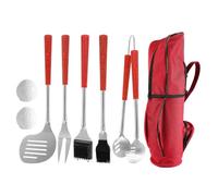 RoaQinFo Utensili Barbecue Set Barbecue Spatola Forchettone Pinza Pennello Accessori Griglia in Acciaio Inox Presa Sicura Aste Prolungate con Borsa Trasporto, Rosso