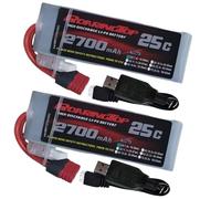RoaringTop batteria al litio 2S 2700mAh 7.4V 25C con Connettore T Compatibile con WLToys 104009/104002/104072/124017/124018 1:10 1:12 RC Auto e Camion con 2 caricabatterie USB (2 PCS)