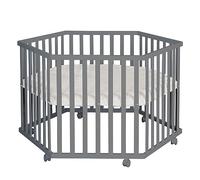 roba Box Esagonale per Bambini e Neonati Luxe Greyish quilted - con Materassino e Ruote con Freni - Regolabile in 3 Altezze - da 0 a 24 Mesi - Legno Antracite