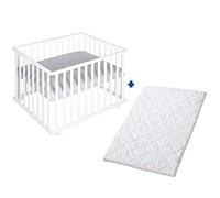 roba Box + Materasso per Bambini roba Style - Rettangolare 75 x 100 cm - Regolabile in 3 Altezze - 4 Ruote con Freni - Cuscinetti e Paracolpi - Materassino Traspirante e Sfoderabile - Bianco e Grigio