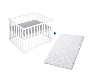 roba Box + Materasso per Bambini roba Style - Rettangolare 75 x 100 cm - Regolabile in 3 Altezze - 4 Ruote con Freni - Cuscinetti e Paracolpi - Materassino Traspirante e Sfoderabile - Bianco e Grigio